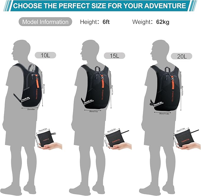 FIORETTO 10L Hiking Backpack for Women Men Mini Packable Backpack Lightweight Small Daypack for Camping Travel Outdoor, Black
