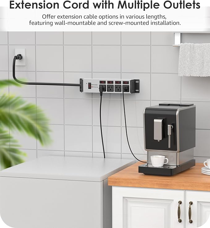 CCCEI Heavy Duty Surge Protector Power Strip 20 Amp Individual Switches. 25FT 12 Gauge Extension Cord with Multiple Outlets. Kitchen, Garage, Shop, Industrial Wall Mount Electric Extender, Grey.