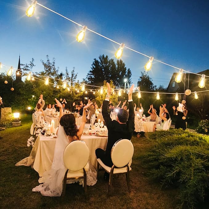 Larkvue 192FT(2x96FT) LED Outdoor String Lights, Linkable Patio Light with 60+3 2700K Waterproof Dimmable Hanging Bulbs for Pergola Cafe Wedding-White