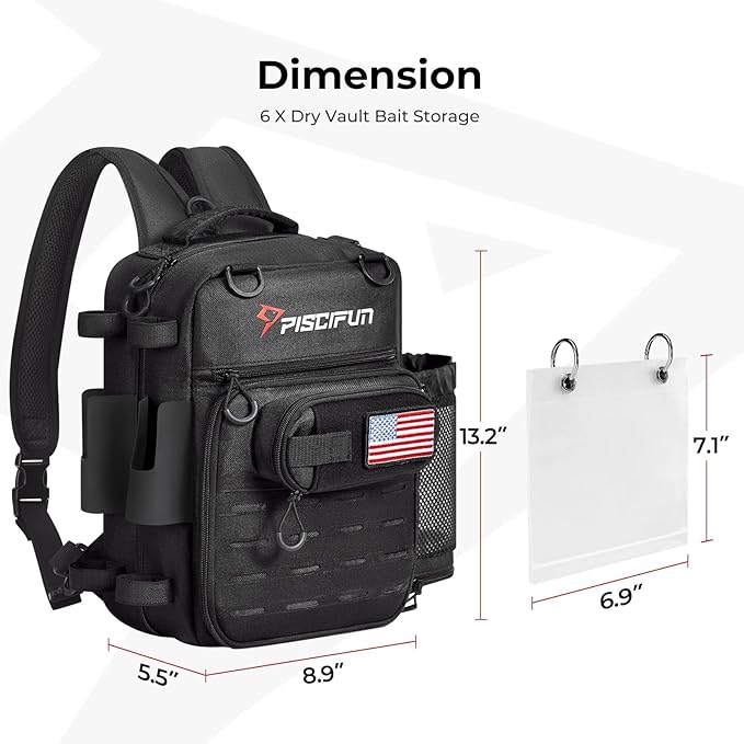 Piscifun Fishing Tackle Backpack, Convertible Sling or Waist Pack, 16-Pocket Storage Gear Bag with 2 Rod Holders & Rain Cover