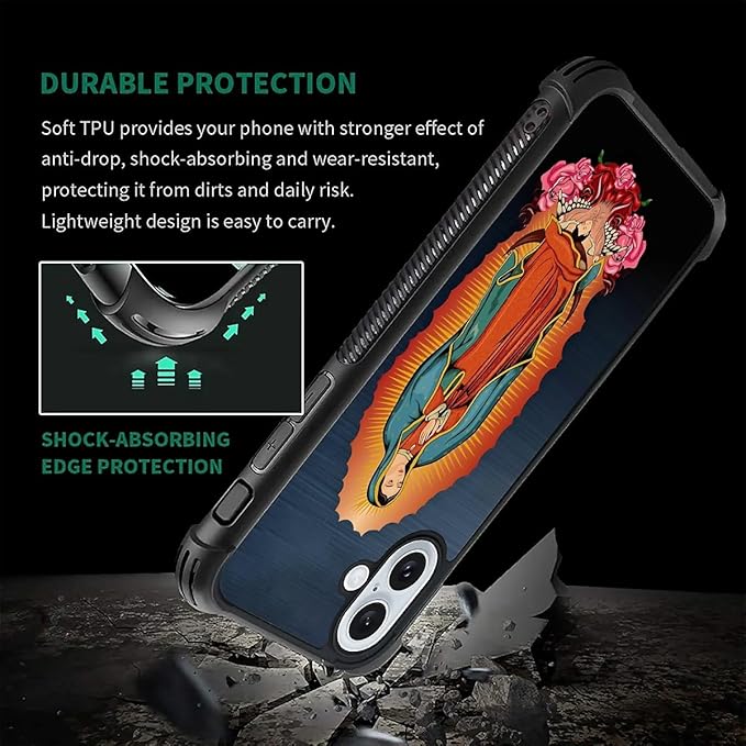 for iPhone 16 Case, Red Virgen Guadalupe Pattern Graphic Design Girl Boy Soft Silicone Hard Acrylic Shock Protection for iPhone 16