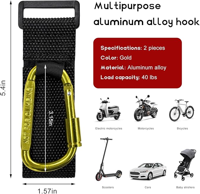 2 PCS UTV Hook for Hanging Headsets, Aluminum Alloy Stroller Carabiner Clips with Adjustable Strap, Multipurpose Roll Cage Hooks for Motorcycle Dirt Bike Scooter Owners (Golden)