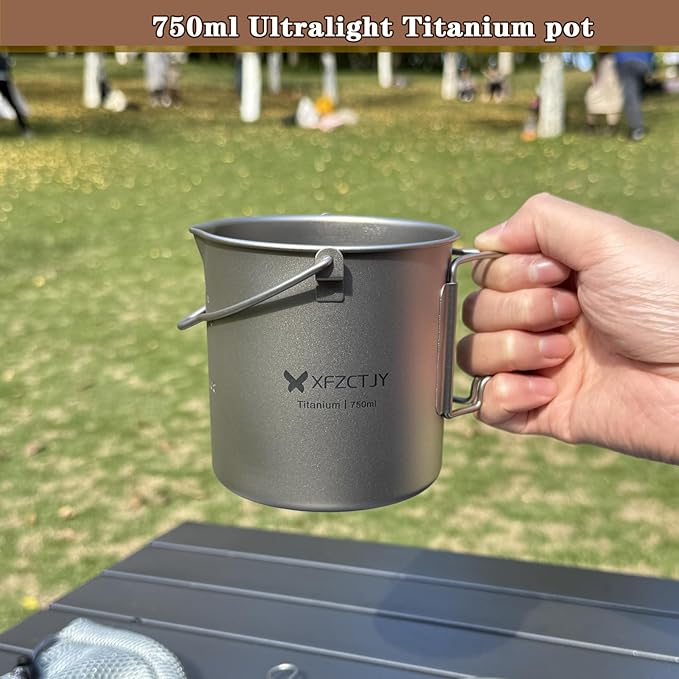 750ml Ultralight Titanium Camping Pot With Lid Spork,With Foldable Handle Detachable Bail For Backpacking, Hiking Mountaineering