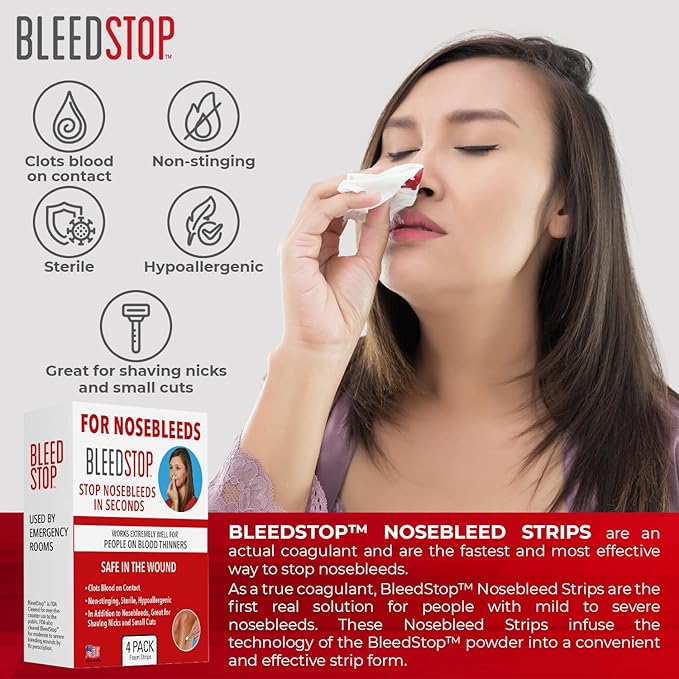 BleedStop™ Nosebleed Strips – Fast Acting Blood Coagulant Foam Inserts – Helps Clot Blood on Contact – Non-Stinging Sterile Hypoallergenic for Mild to Heavy Nosebleeds