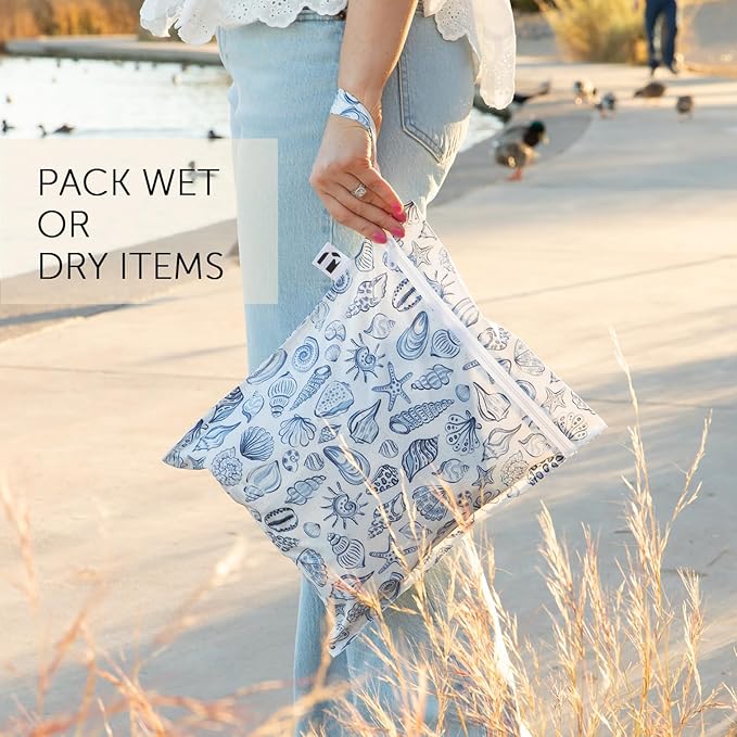 Bumkins Roamio Waterproof Wet Bag for Baby, Travel, Swim Suit, Cloth Diapers, Pump Parts, Pool, Beach, Gym Clothes, Toiletry, Hook to Stroller, Daycare, Zip Reusable Wetdry Packing Pouch, Blue Shells