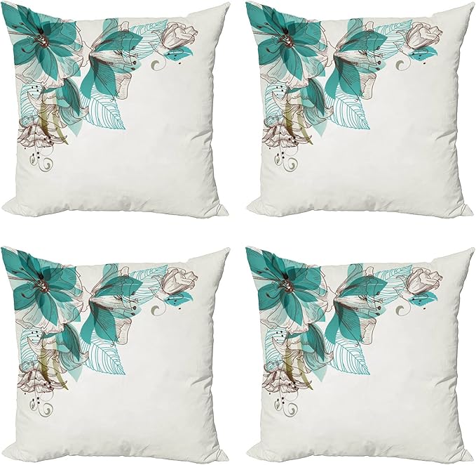 Ambesonne Turquoise Throw Pillow Cushion Case Pack of 4, Flowers Buds Leaf at The top Left Corner Season Celebrating Theme, Modern Accent Double-Sided Digital Printing, 16", Teal Brown