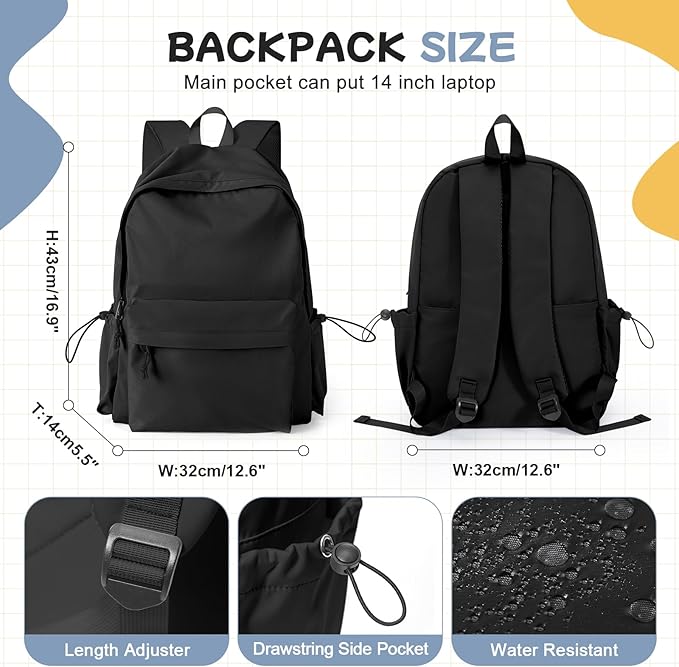 PAUBACK Black School Backpack for Girls Women Waterproof High School Book Bag Cute Backpack for Men Teens Boys, Lightweight Simple Middle School Back Pack Daypack