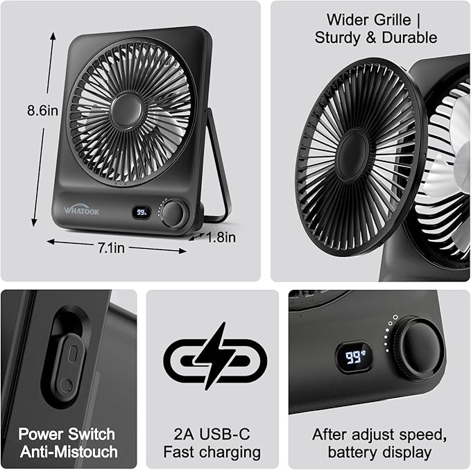 WHATOOK Large Travel Desk Fan: 10000mAh Battery 40 Hours Runtime Silent Rechargeable Fans, Quite Personal Portable Fan for Camping Bedroom Office Small Desktop fan (8.3 * 7.1inch Black)