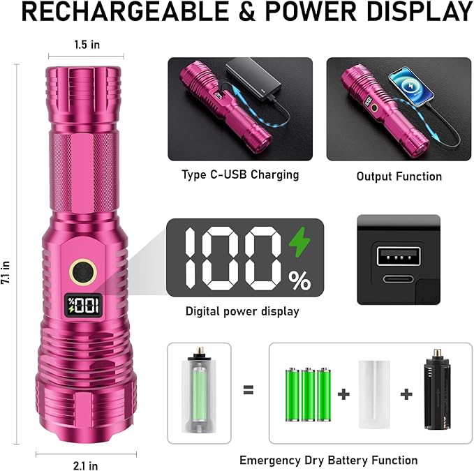 Flashlights High Lumens Rechargeable, 100,000LM LED Super Bright Flash Light, Zoomable Linternas with LCD Digital Display, 5 Mode, Waterproof, Powerful Tactical Flashlight for Emergencies Camping Gift