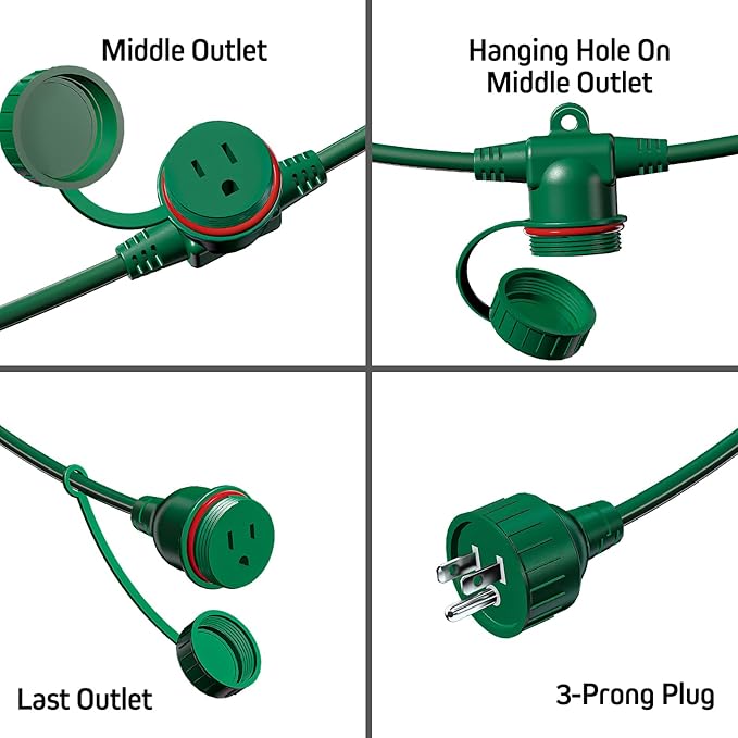50FT Green Outdoor Extension Cord, Evenly Spaced 6 Outlets Plugs with Waterproof Cover, 16/3 SJTW Weatherproof Multiple Outlets Wire for Holiday Light and Halloween Christmas Decoration, ETL Listed