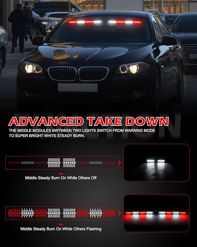 HLauto 604N Emergency Dash Strobe Lights: 2x16.8 inch Red White Security Light w/Take Down, 48 LED Safety Flashing Warning Hazard Interior Windshield Light Bar for Trucks Vehicles