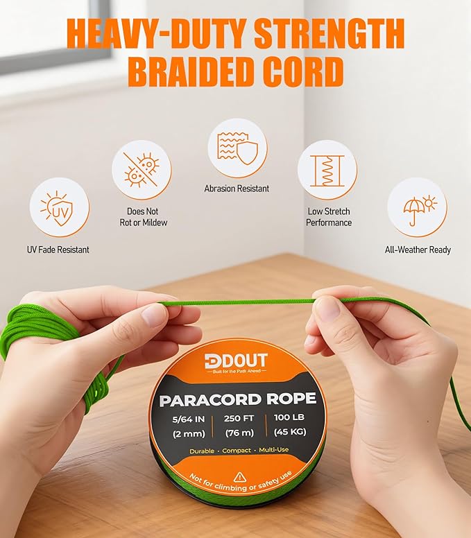 DDOUT 2mm Paracord 100lb, Thin Micro Paracord Rope, FLGreen 250FT Nylon Cord for Crafting, DIY Projects, Fishing, Camping & Outdoor