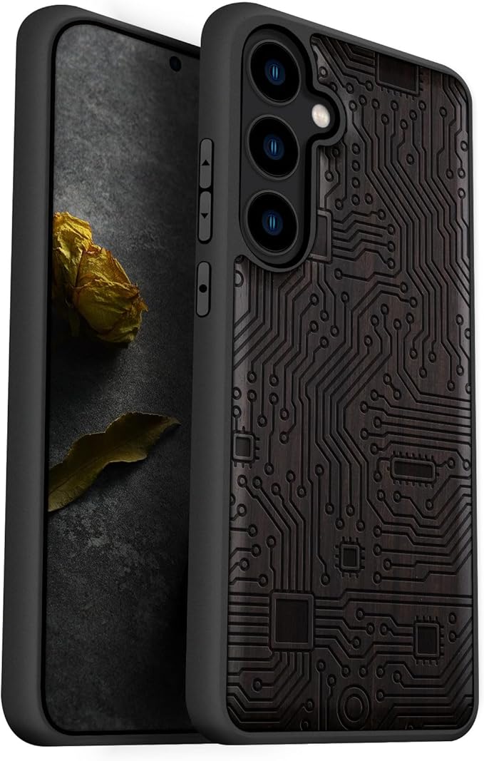 Carveit Wood Case for Galaxy S24 Plus Case [Natural Wood & Black Soft TPU] Shockproof Protective Cover Unique Wooden Design Compatible with S24 Plus (Motherboard-Blackwood)