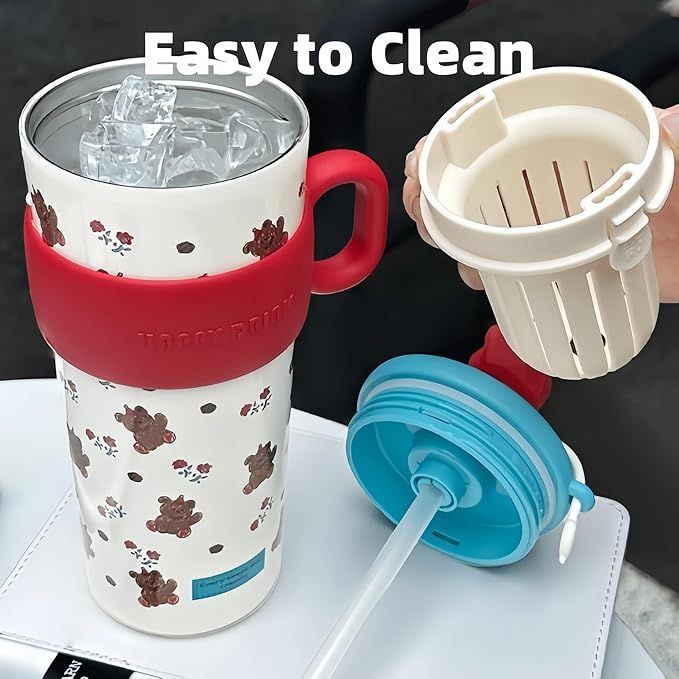 21oz Cute Bear Car Cup with Straw & Cap, Leak-Proof Portable Mug with Tea Strainer, Insulated for Hot/Cold - Ideal for Car, Office, Outdoor (Blue)