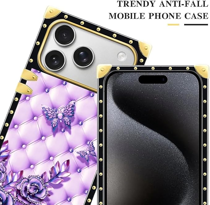 for iPhone 17 Pro Case Luxury Golden Decoration for Girl Women Soft TPU Shockproof Protective Hard PC Back for iPhone 17 Pro Crazy Pattern Purple Butterfly Flowers Leaf
