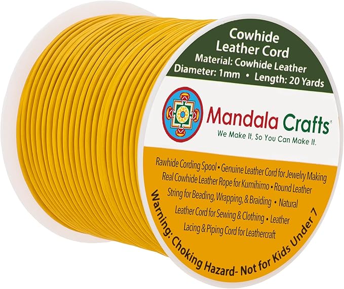 Mandala Crafts Round Genuine Mustard Yellow Leather Cord for Jewelry Making – 1mm Cowhide Leather Rope String Lace for Kumihimo – 20 Yards Cowhide Craft Cording Spool