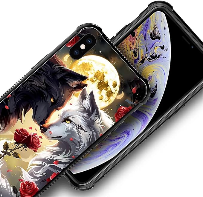for iPhone X/Xs Case, Black White Wolf Moon Flower Rose Pattern Made of Soft Silicone Hard Acrylic Shock Protection for iPhone X/Xs