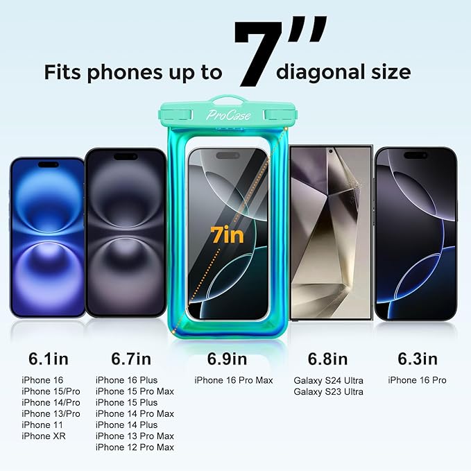 ProCase 2 Pack Floating Waterproof Phone Pouch IPX8,Universal Dry Bag Fits iPhone 17/16/15/14/13 Series,Galaxy S24/S23/S22, Pixel 8/7 (Up to 7”),Touchscreen,Underwater & Snow Protection -Whitegreen