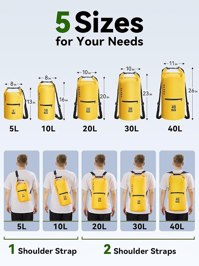 HEETA Waterproof Dry Bag with Front Zippered Pocket for Women Men, 5L/10L/20L/30L/40L Roll Top Lightweight Dry Storage Bag Backpack for Travel, Kayaking, Boating, Rafting, Camping, Hiking & Beach