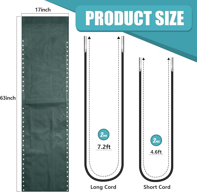 Queekay Chair Replacement Fabric with 4 Bungee Cord Lounge Chair Cloth Mesh Repair Kit for Patio Recliner Outdoor Lawn Pool(63 x 21 Inch,Dark Green)