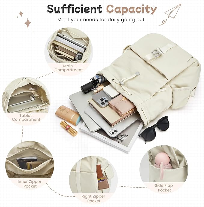 G4Free Small Backpack for Women, Nylon Casual Daypack for Work Travel Campus, Beige