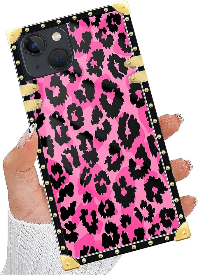 Compatible with iPhone 13 Case, Pink Black Leopard Luxury Golden Decoration for Girl Women Soft TPU Shockproof Protective Hard PC Back for iPhone 13