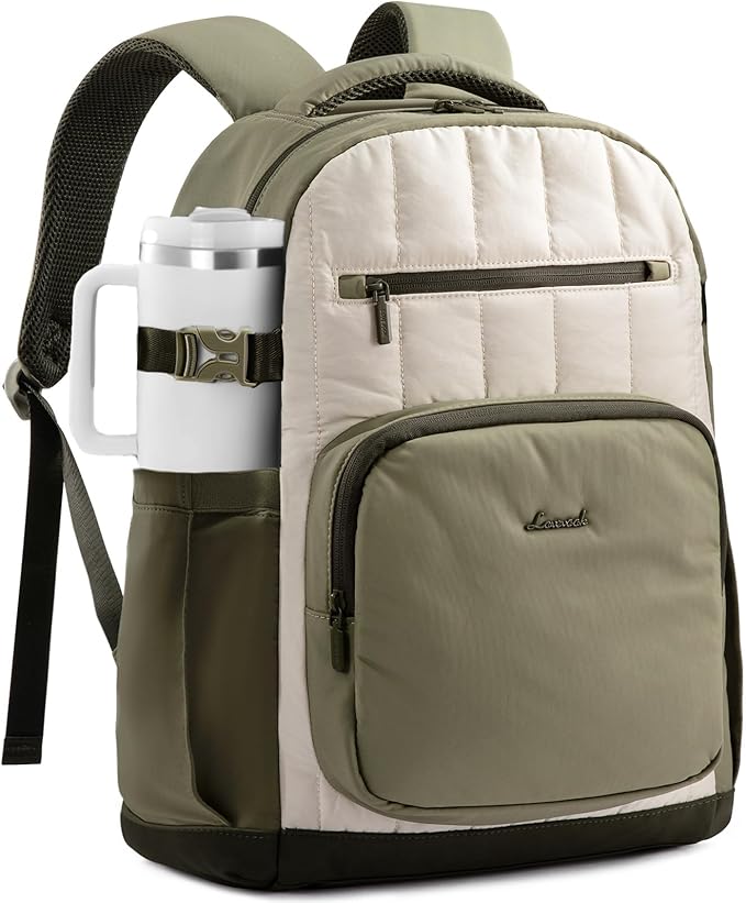 LOVEVOOK Laptop Backpack for Women with Giant Tumbler Holder Pocket,15.6 Inch Puffer Travel College Work Backpack Purse for Teacher Nurse,Casual Laptop Bag Computer Back Pack Daypack,White-Green-Black