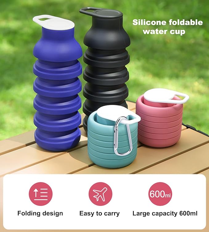 Collapsible Silicone Water Bottle 20oz - Foldable Travel Bottle Leakproof, BPA Free, Space Saving for Gym, Hiking & Travel, Dishwasher Safe(Includes carabiner and cleaning brush),dark blue