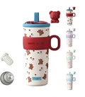 21oz Cute Bear Car Cup with Straw & Cap, Leak-Proof Portable Mug with Tea Strainer, Insulated for Hot/Cold - Ideal for Car, Office, Outdoor (Red)