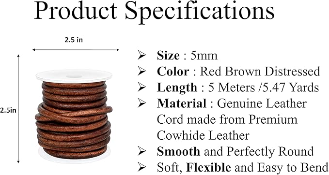 GENIQUE Real/Genuine Round Leather String Cord for Necklace, Bracelets, Jewellery, Braiding (5mm, Red Brown Distressed)