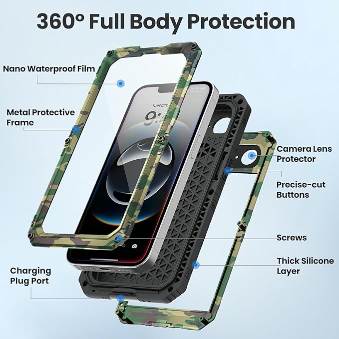Mitywah Waterproof Case for iPhone 16e and for iPhone 17e, Shockproof Heavy Duty Case with Built-in Screen Protector, Underwater Full Body Protective Metal Case 6.1 inch, Camouflage