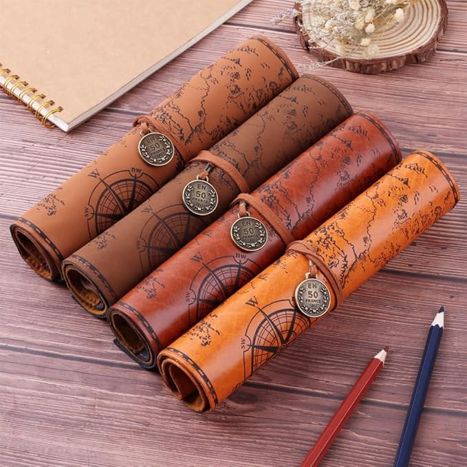 4 Color Leather Pen Case Vintage Pencil Bag Roll Map Compass Pattern Rolling Brown Matte Smooth Cover Storage Organizer Holder Portable Stationery Pouch for Artists Writers Travel