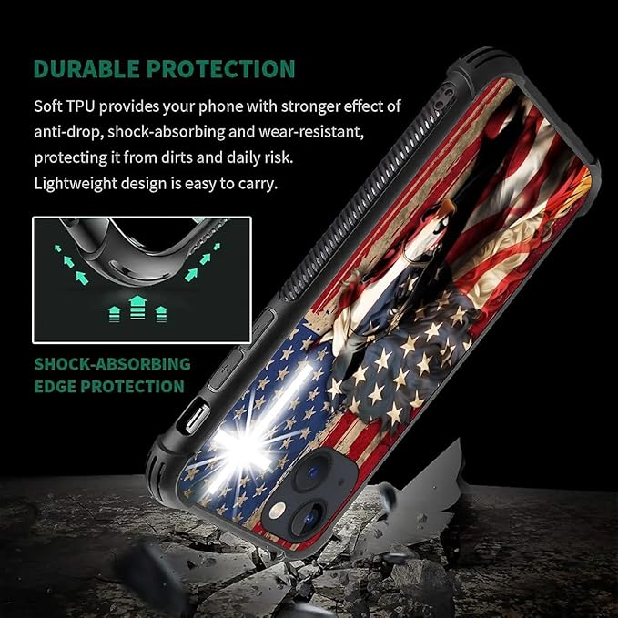 for iPhone 14 Plus Case, Red American Flag Horse Cross Pattern Made of Soft Silicone Hard Acrylic Shock Protection for iPhone 14 Plus