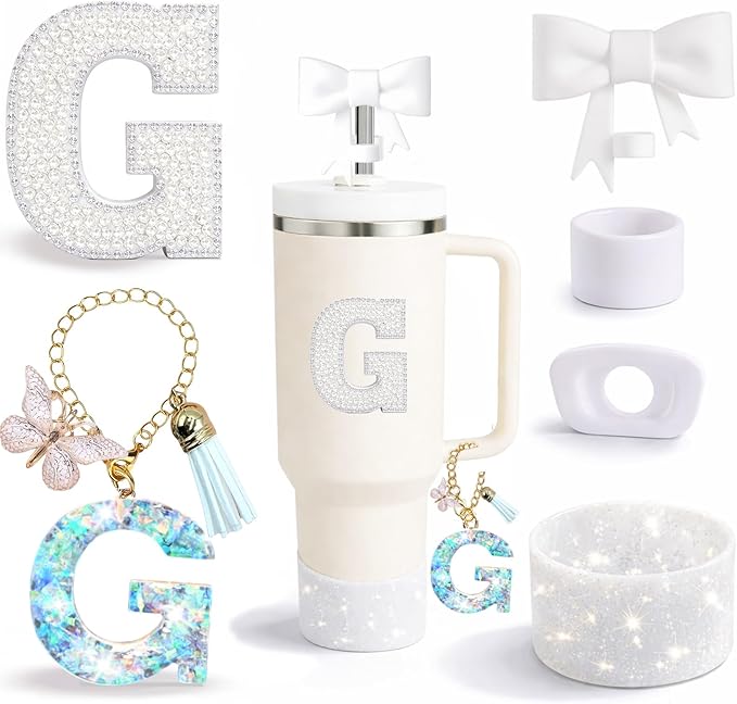 6PCS White Stanley Cup Accessories Set Fit for Stanley Cup 30oz 40oz. Including Handle Charm, Personalized Initial Sticker, Straw Topper, Sparkly Silicone Boot, Spill Proof Stopper (Letter-G)
