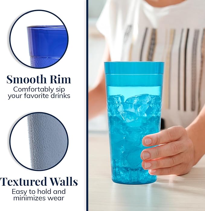 US Acrylic Café Plastic Reusable Tumblers (Set of 12) 32-ounce Iced-Tea Cups, Coastal | Value Set of Restaurant Style Drinking Glasses, Stackable, BPA-free, Made in the USA | Top-rack Dishwasher Safe