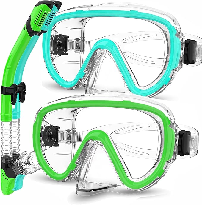 Bairuifu 2-Pack Snorkel Gear for Adults | Enhanced Anti-Fog & Anti-Leak Snorkeling Mask | Breath-Free Dry Snorkel | 180° Panoramic View with Quick-Dry Bags