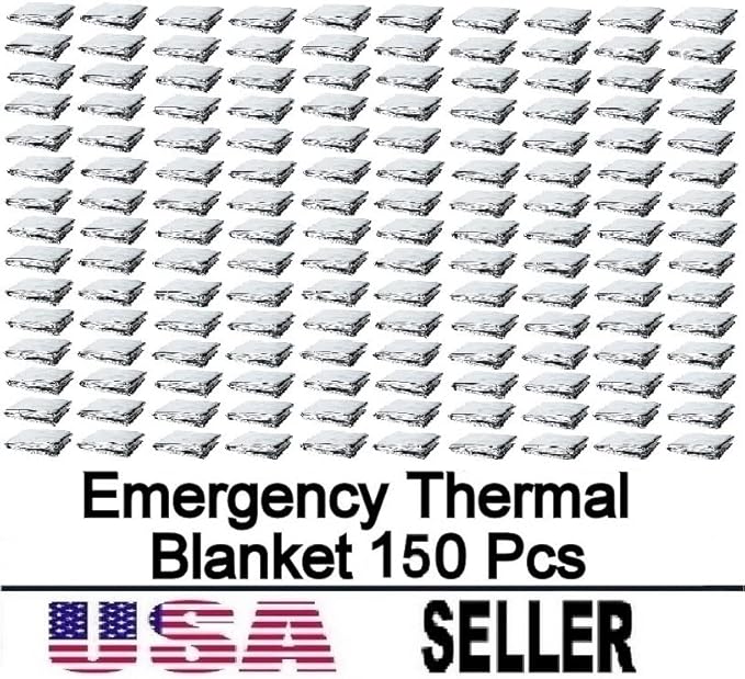 GALAXYLENSE Emergency Mylar Thermal Blanket for Survival First Aid Kits Army Outdoors Hiking Camping Bug Out Trauma Desert All Weather Condition Protection (150 Packs Silver)