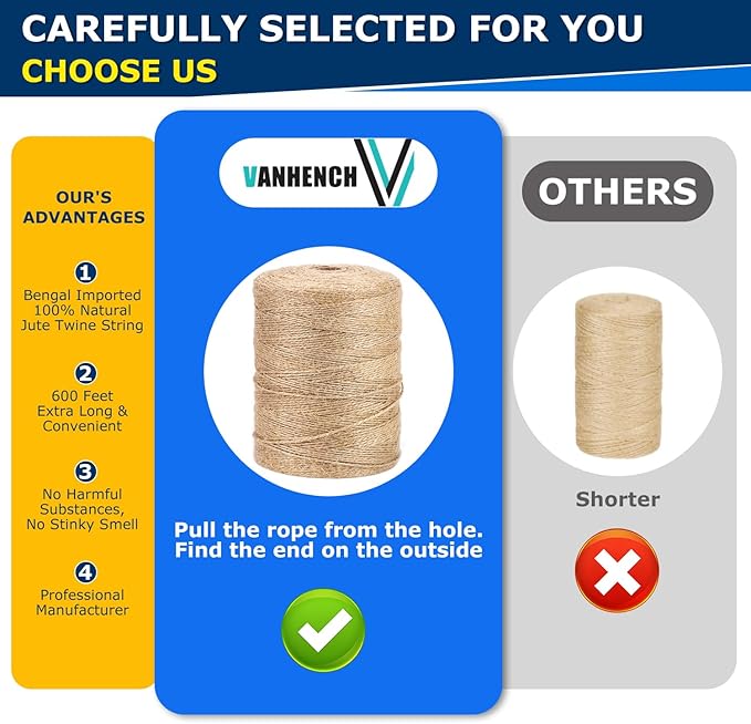 Vanhench 600Feet Natural Jute Twine String, Bulk Hemp Jute Rope Cord Twine for Crafts Gardening, Gift Wrapping, Christmas, Arts & Crafts, Wedding Décor, Packing Material Burlap Ribbon