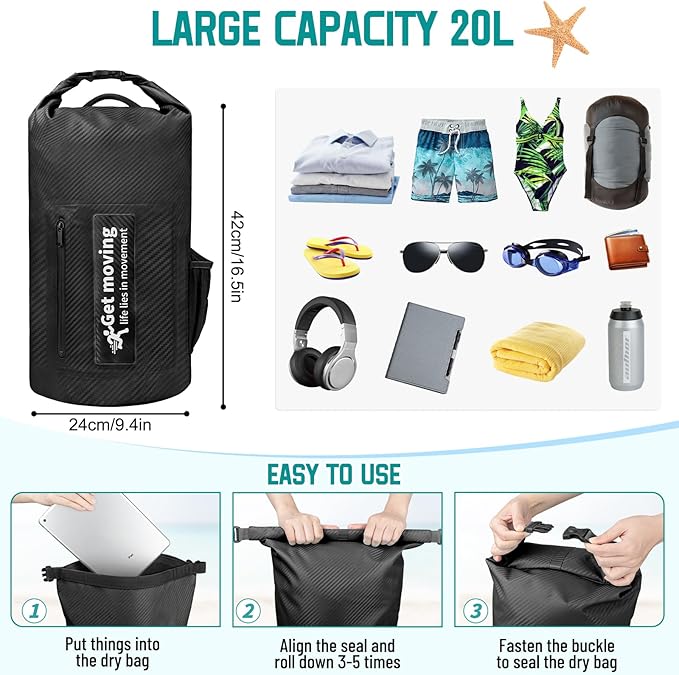 BKNOOU Dry Bag Waterproof Backpack for Women Men, 10L/20L Roll Top Dry Bags for Kayaking Waterproof Bag for Travel, Boating, Beach, Camping, Hiking & Rafting, Dry Storage Bag with Phone Pouch