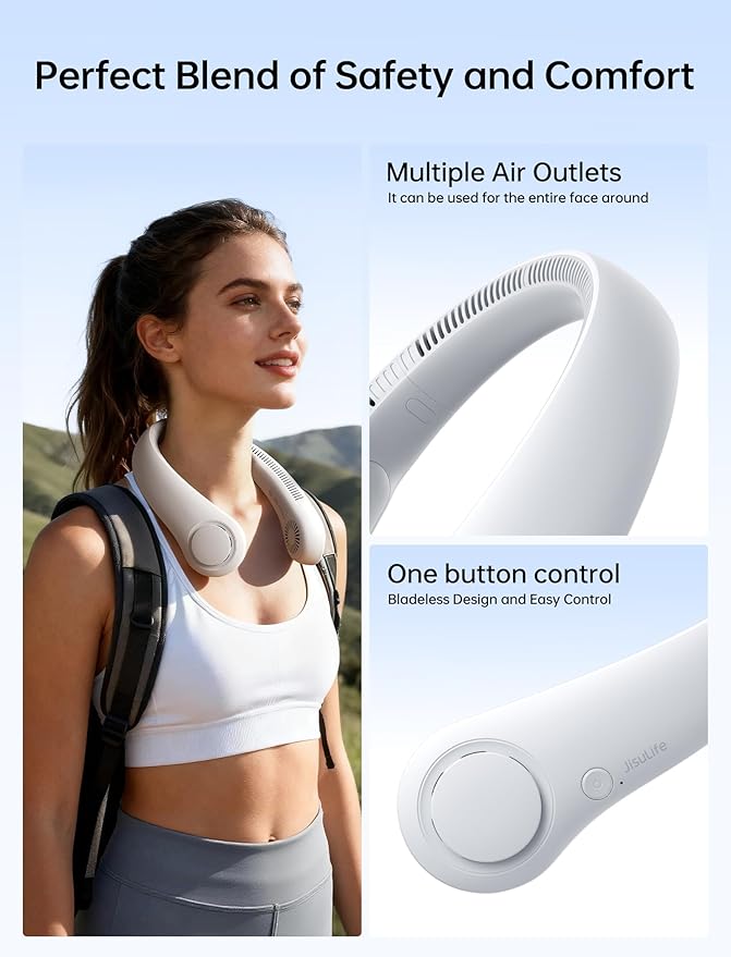 JISULIFE Portable Neck Fan, Hands-Free Bladeless, 5 Speeds, 4000 mAh Battery Operated Wearable Personal Fan, Twistable, Rechargeable, Gift for Women Men-Grey