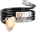 10 ft 16/3 awg 3 Outlet Extension Cord Splitter with Indicator, Waterproof Indoor/Outdoor Extension Cord with Multiple Outlets, 13A 1625W for Home & Workshop, ETL Listed, Flexible Black SJTW