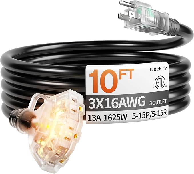 10 ft 16/3 awg 3 Outlet Extension Cord Splitter with Indicator, Waterproof Indoor/Outdoor Extension Cord with Multiple Outlets, 13A 1625W for Home & Workshop, ETL Listed, Flexible Black SJTW