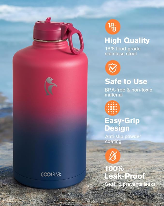 Coolflask 128 oz Gallon Water Bottle Insulated with Straw&3 Lids, Water Jug Large Stainless Steel Metal Vacuum Wide Mouth for Sports, Gym or Office, Non-BPA Keep Cold 48H Hot 24H, Ombre Wine/Navy