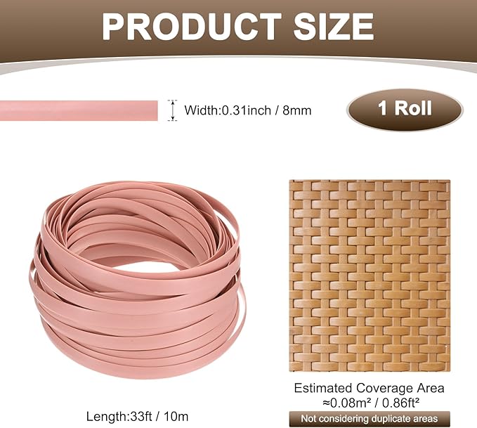 M METERXITY 1-Pack Wicker Repair Kit, 8mm x 33ft/10m Plastic Flat Rattan Replacement Supplies for Patio Furniture Repair/Basket Making/Chair Weaving, Synthetic Woven Rattan [Pink]