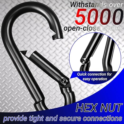 5 Pack3 Heavy Duty Spring Snap Hook Carabiners, M8 5/16" Galvanized Steel Black Carabiner Clip, Quick Link Keychain for Hammock Swing Set Outdoor Travel Camping Fishing Hiking