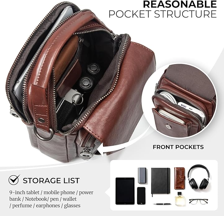 Augus Leather Small Messenger Bag For Men Crossbody Handbag Shoulder Sling Travel Bags for Men Purse Daypack Magnetic Buckle