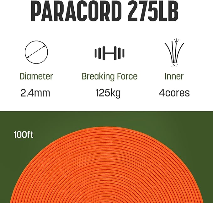 2.4mm Paracord 275LBS 100FT Rope Cord - 4 Strand, Nylon & Polyester, Abrasion Resistance - Orange