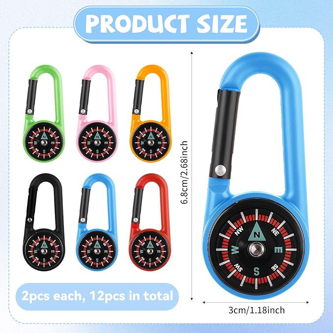 12 PCS Compass Keychain, Small Pocket Magnetic Keychain Compass Colorful Survival Hiking Mini Compasses for Outdoor Camping Hiking Backpacking Accessory Party Favors