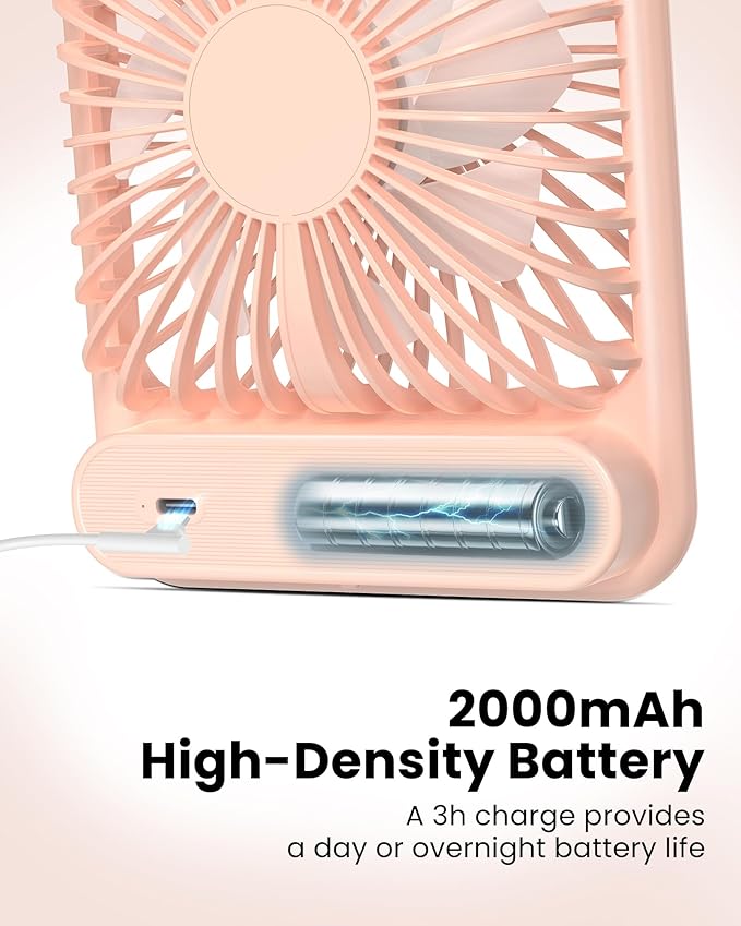 Koonie Desk Fan, Ultra Quiet 2.5-11h Battery Operated Small USB Fan with Strong Wind, 180° Tilt Folding and 3 Speeds Adjustable, Battery Powered Mini Personal Fan for Office Bedroom Desktop Pink