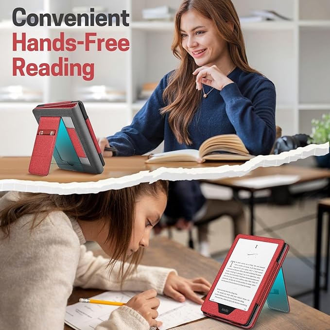 TNP Stand Case with Strap for Kindle Paperwhite 12th Gen 2024 / Kindle Colorsoft Signature Edition - 7" PU Leather Protective Folio Cover with Auto Wake/Sleep & Card Slot, Red